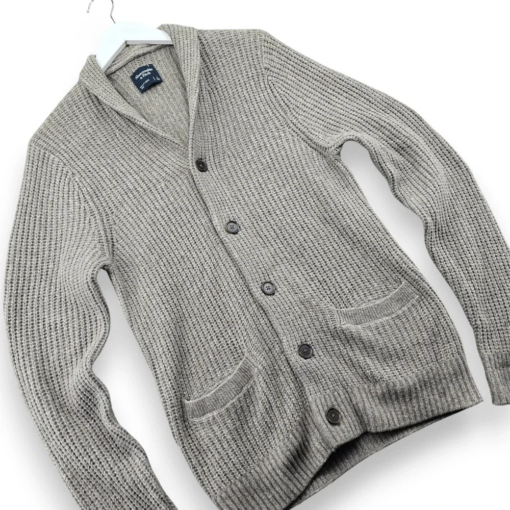 Abercrombie Fitch Mens L Cardigan Sweater Taupe Grey Cotton Knit Shawl Collar
